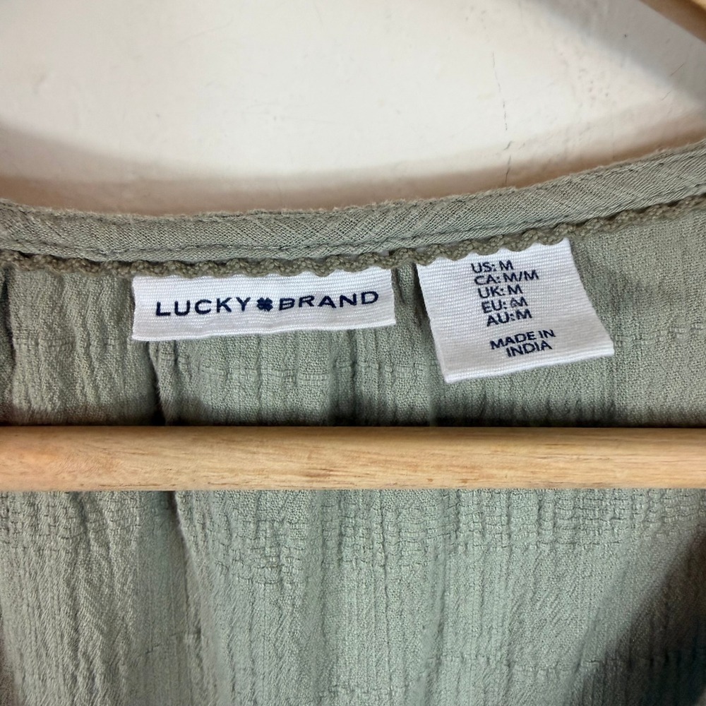 Lucky Brand Tiered Maxi Dress M Sage Green Cotton Boho Prairie Cottagecore - Picture 9 of 12